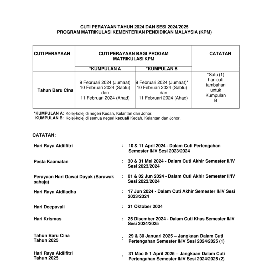 Takwim Matrikulasi 2025 Cuti Perayaan Tahun 2024 dan Sesi 2024/2025 Program Matrikulasi Kementerian Pendidikan Malaysia (KPM)